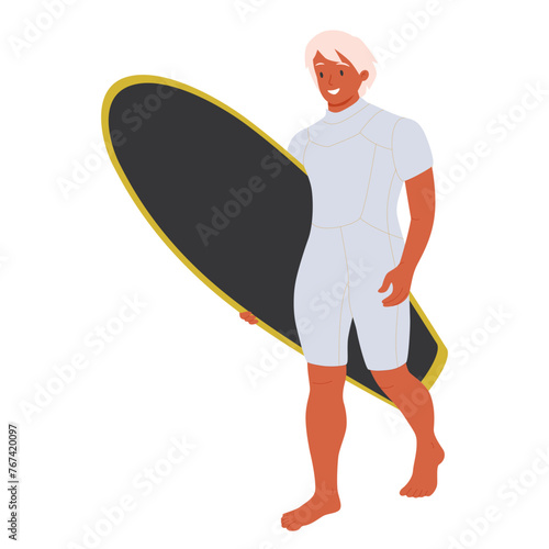 Man walking with surfboard in hands, talking and pointing at sea. Active tanned guy surfer going and holding surf board.