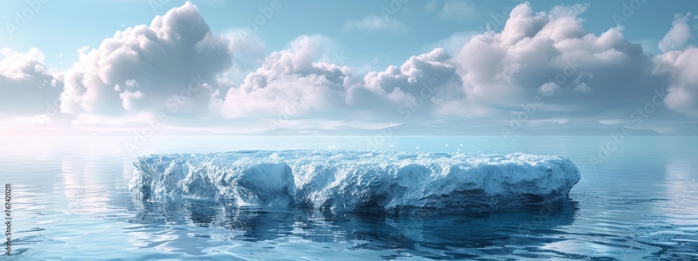 Podium ice water background product snow 3D mountain platform sea. Ice podium water cool cold glacier winter landscape frozen nature iceberg arctic scene blue light display abstract sky ad refreshing. - obrazy, fototapety, plakaty 