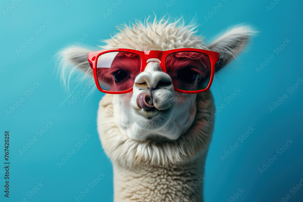 Fototapeta premium White funny alpaca with red sunglasses on a blue background showing tongue