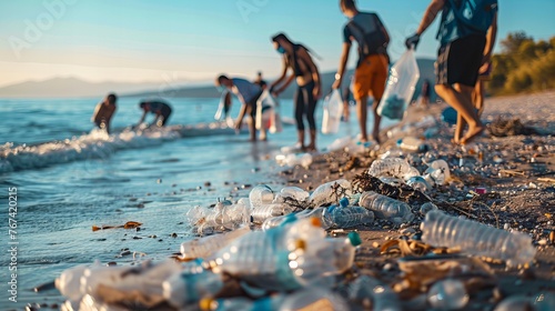 Dedicated Volunteers Working Together to Clean Up Plastic Pollution on the Beautiful Coastal Beach photo