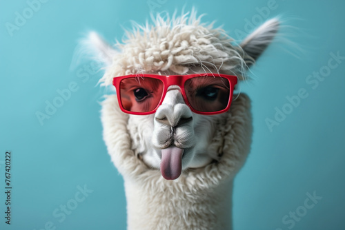 White alpaca with red sunglasses on a blue background showing tongue