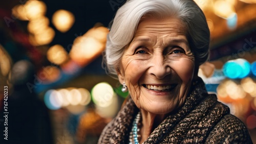 Le marché s'anime de la présence bienveillante d'une femme âgée, son visage rayonnant de bonheur et de sagesse. Son sourire évoque la richesse de l'expérience et la douceur de la vie. photo
