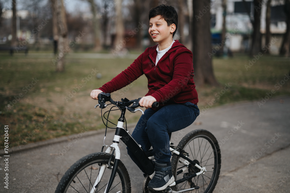 Smiling young boy riding his bicycle through a park, experiencing the joy of childhood and the freedom of outdoor activities.