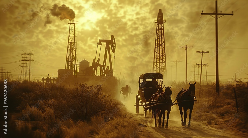 Horse-drawn carriage passing by an oil field at sunset in sepia tone