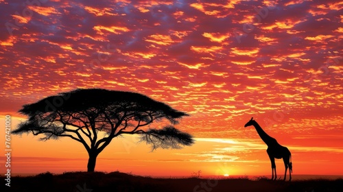  a giraffe standing in front of a tree with the sun setting in the background and clouds in the sky. © Anna