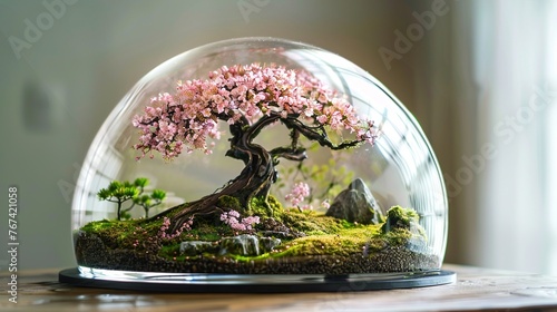 unique glass dome with a realistic depiction of a romantic Japanese bonsai garden inside-