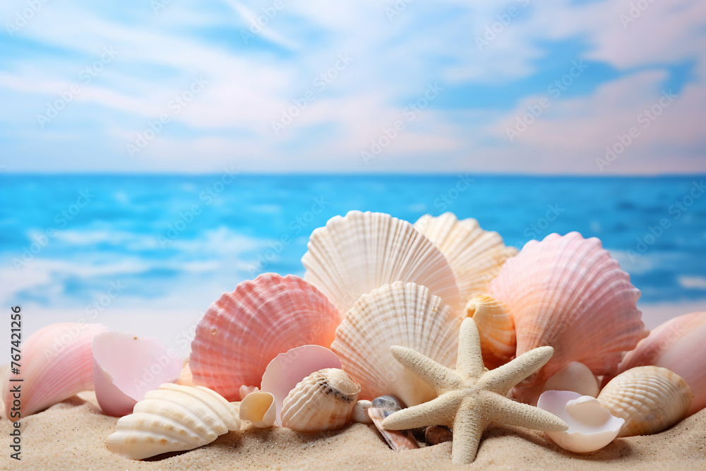 Seashells and starfish on a sandy beach Seashells and starfish on a sandy beach