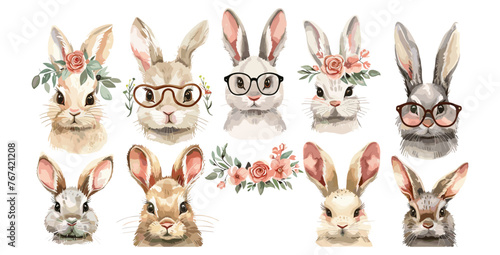 ウサギの顔。漫画のウサギの耳と装飾的な要素を持つ顔。メガネをかけた面白いウサギ、花の花輪の中の動物。イースター パーティーの装飾要素ベクトルを設定