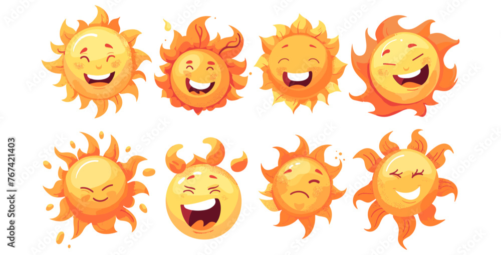 太陽の絵文字。変な顔でかわいい笑顔、ウィンクする太陽。黄色い夏の太陽を落書き。ベクトル太陽夏のシンボル分離セット