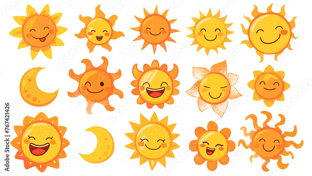 太陽の絵文字。変な顔でかわいい笑顔、ウィンクする太陽。黄色い夏の太陽を落書き。ベクトル太陽夏のシンボル分離セット 太陽の絵文字。変な顔でかわいい笑顔、ウィンクする太陽。黄色い夏の太陽を落書き。ベクトル太陽夏のシンボル分離セット
