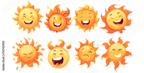太陽の絵文字。変な顔でかわいい笑顔、ウィンクする太陽。黄色い夏の太陽を落書き。ベクトル太陽夏のシンボル分離セット