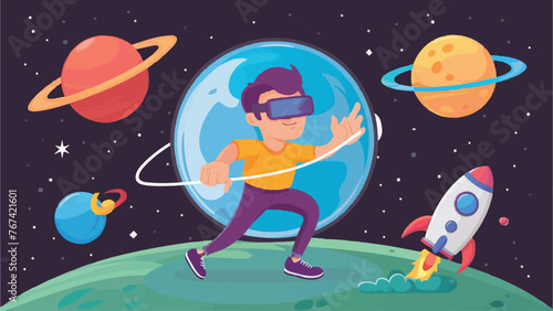 Virtual reality concept: a person in space next to planets and a rocket, with a character wearing VR glasses as a metaphor for innovation and modern technology, suitable for gaming or learning. Illust
