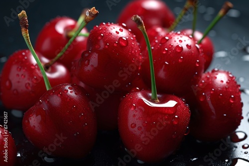 Close up of Fresh red cherries photo