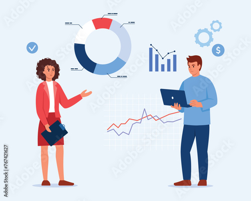 Vector illustration of business meeting. Cartoon scene of a woman holding a tablet for paper, analyzing a pie chart, a bar chart, a line graph and a man with a laptop isolated on a white background.
