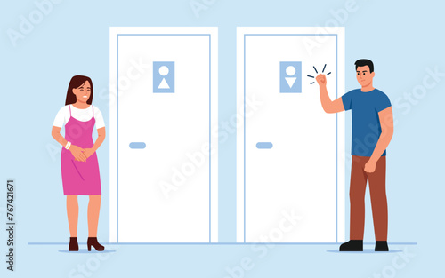 Vector illustration of people who want to go to the toilet. Cartoon scene of a woman and a man standing by the doors of the women's and men's toilets isolated on a blue background.
