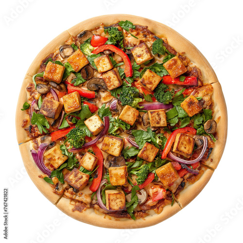 Isolated delicious Vegan Pizza, generously topped with beautiful ingredients, transparent background
