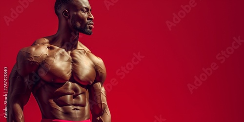 Portrait of bodybuilder African American fitness man model torso with well developed muscles and abs isolated on red background with copy space.