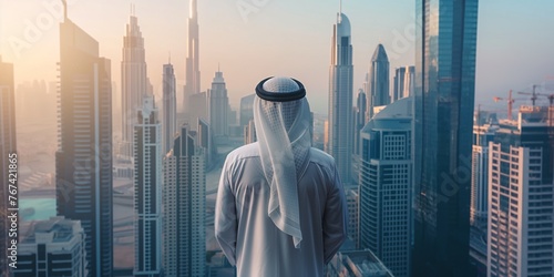 An Arab man standing in front of a modern highrise city skyline, taking in the urban landscape with copy space.