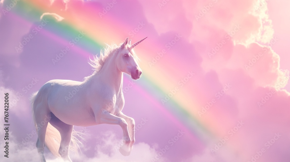 Fototapeta premium Portrait of unicorn on rainbow sky background with copy space, fantasy magic unicorn creature on dreamy colorful pink rainbow background sky.