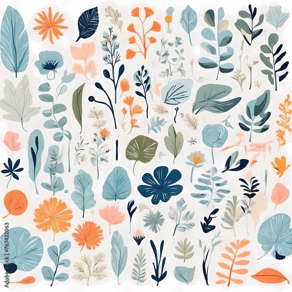 A collection of seamless pattern, colorful abstract plants and flowers. Hand drawn Collection of leaves and flowers. A close up of a pattern of flowers and leaves.
A collection of seamless pattern, colorful abstract plants and flowers. Hand drawn Collection of leaves and flowers. A close up of a pattern of flowers and leaves.