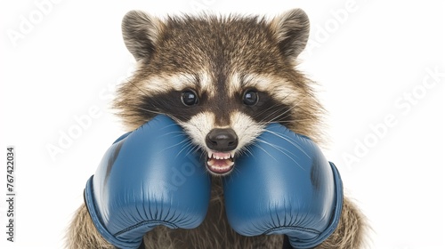 Portrait of an angry racoon wearing blue boxing gloves with angry face isolated on white background, concept of battle, animal protection, wild animals safety.
