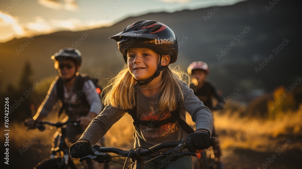 Family riding mountain bikes in Boise foothills at sunset