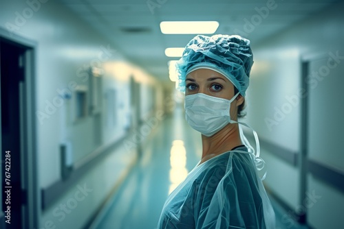 Female Surgeon in Mask: A Rare Sight in Hospital Hallway