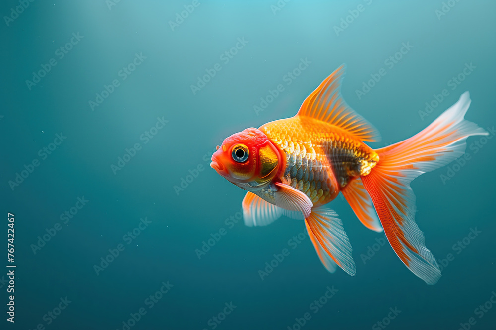 A beauty red goldfish isolated on a blue background A beauty red goldfish isolated on a blue background