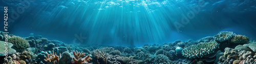 Sunlight streams through the clear water, illuminating a vibrant coral reef teeming with marine life