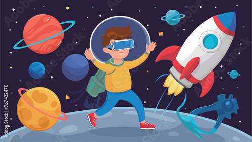 Virtual reality concept: a person in space next to planets and a rocket, with a character wearing VR glasses as a metaphor for innovation and modern technology, suitable for gaming or learning. Illust