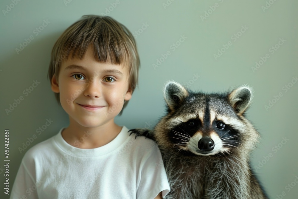 Kid Crew Raccon Child boy with raccoon. Banner with pastel background. Zoo advertising ...
