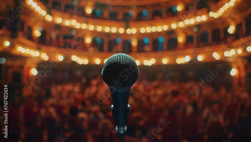 photo of microphone on stage in front of audience, blurred crowd in the theater hall Generative AI