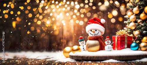 christmas tree and snowman and snow with gift parcels strewn with gold ornaments balls on brown wooden table, yellow bokeh glitter lights banner