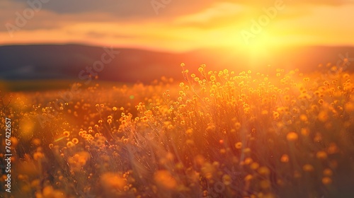 soft focus sunset field landscape of yellow flowers and grass meadow warm during golden hour sunset or sunrise abstract background
