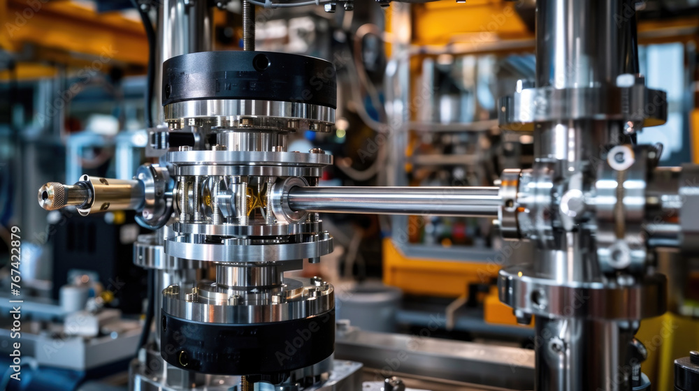 A detailed view of a machine operating inside a factory, showing mechanical components in motion during the manufacturing process A detailed view of a machine operating inside a factory, showing mechanical components in motion during the manufacturing process