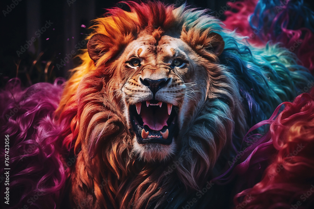 Majestic lion roar, colorful background with rainbow colors, copy space for text
