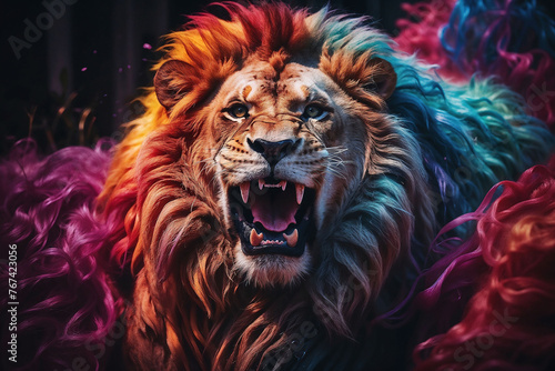 Majestic lion roar, colorful background with rainbow colors, copy space for text