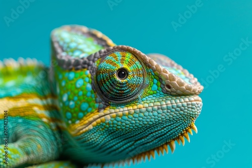 Blue background with spectacled chameleon