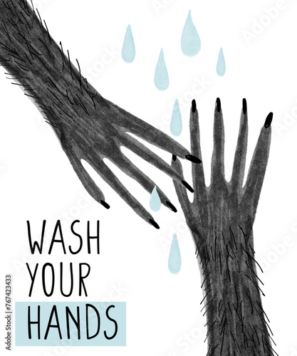 Hand Drawn Illustration of Monster Hands. Black Hairy Monster Hands with Blue Water Drops. Wash Your Hands. Motivational Graphics for Children. Bathroom Printable Decoration.
