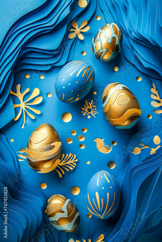 Artistic Easter eggs adorned with gold patterns rest in blue satin nests