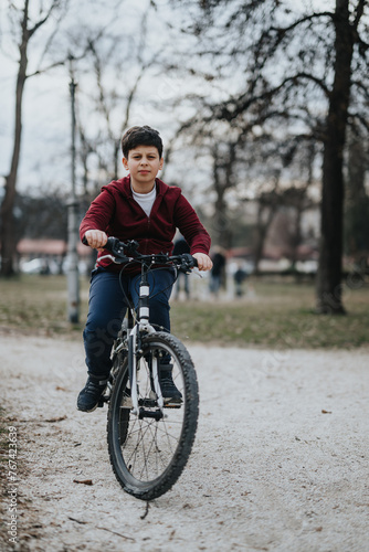 A young boy experiences the joy of childhood as he rides his bicycle along a park path outdoors, showcasing activity and youth.