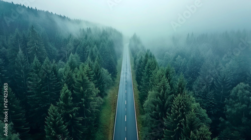 aerial shot, winding road in the forest	

