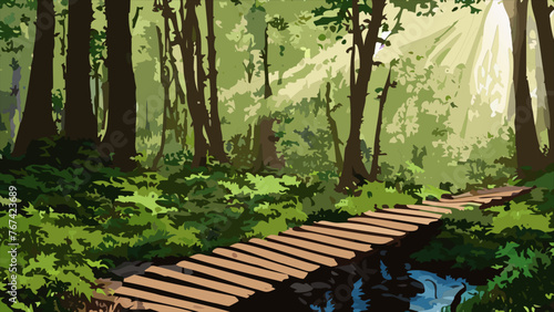 Forest Retreat with sunbeams and path and stream and wooden bridge