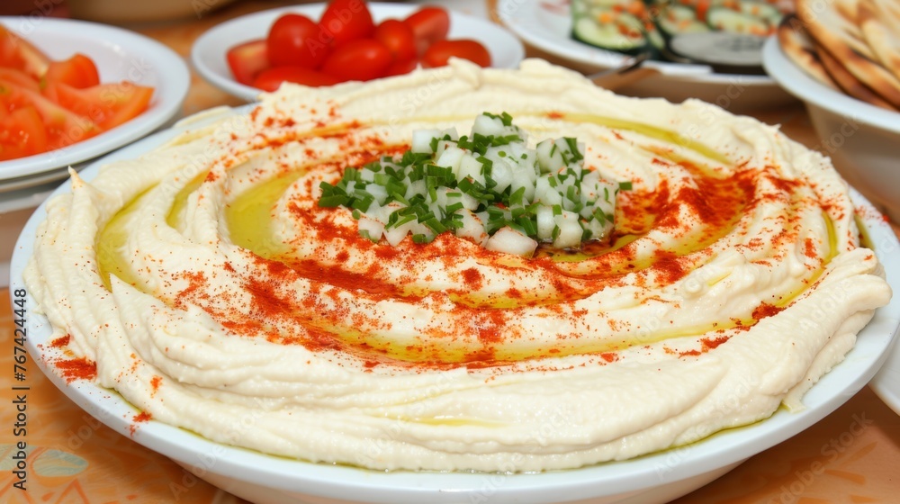 a close up of a plate of hummus on a table with other plates of food on the table in the background. a close up of a plate of hummus on a table with other plates of food on the table in the background.