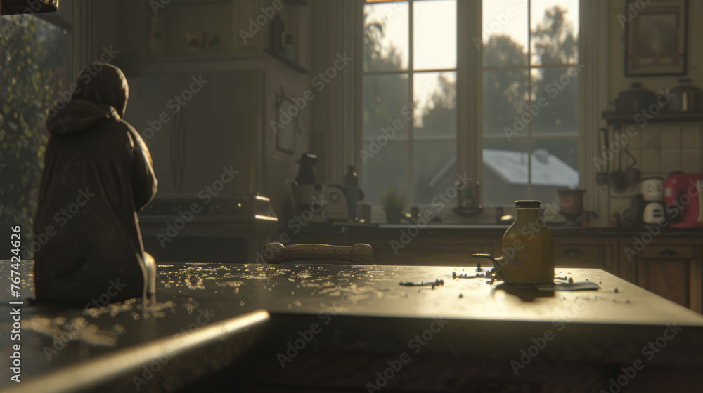 a bottle of mustard sitting on top of a kitchen counter next to a statue of a person wearing a hood. a bottle of mustard sitting on top of a kitchen counter next to a statue of a person wearing a hood.