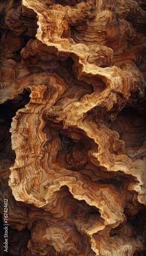 Detailed organic wooden waves abstract closeup of brown wood art with waving wall texture