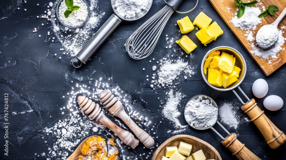a table topped with bowls of food next to a whisk and a whisk on top of a wooden cutting board. a table topped with bowls of food next to a whisk and a whisk on top of a wooden cutting board.