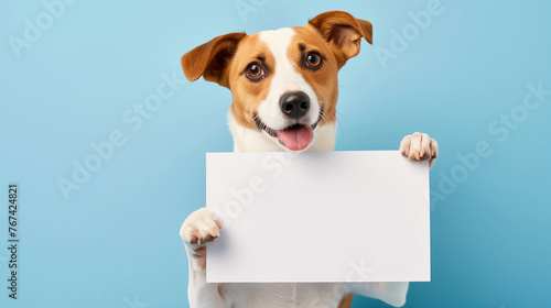 Cachorro fofo segurando um cartaz em branco isolado no fundo azul claro photo