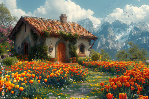 A quaint artist's studio surrounded by blooming tulips, providing an inspiring haven for creative expression. Concept of artistic retreat in nature. Generative Ai.