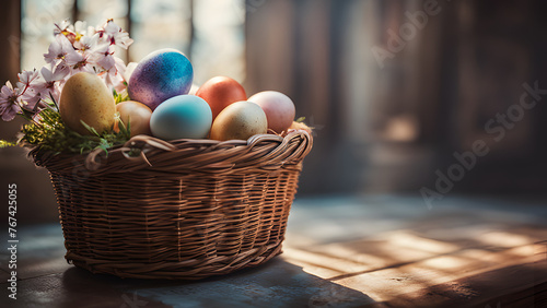 "Easter Basket: Colorful Eggs and Floral Decor Illuminated by Window Backlight, Soft Focus Background with Beautifully Framed Silhouette"